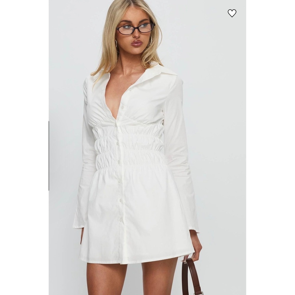 Princess Polly Stellaria Ruched Long Sleeve Mini Dress White US 8 NWT